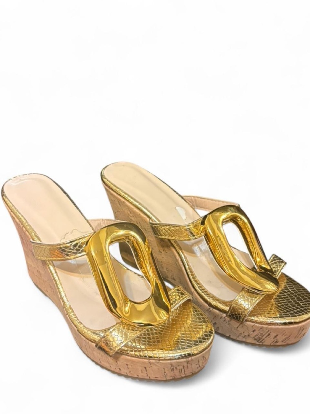 SHEIN Gold Metallic Cork Wedge Slide Sandals